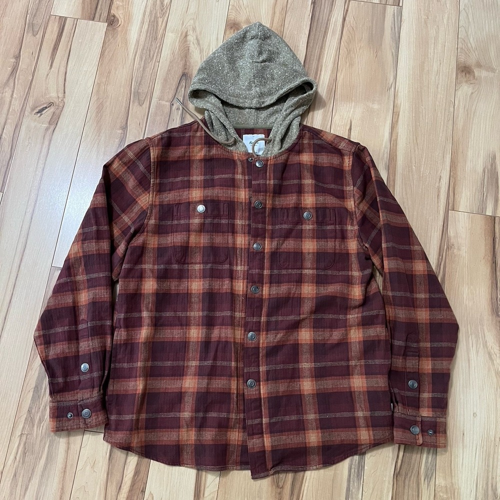 Katin Mens Harold Hooded Flannel Sz L Red Rust Cotton Pockets Gorpcore Outdoor
